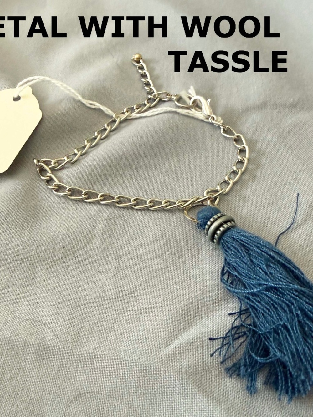 BRACELET WOOL TASSEL, BLUE, SILVER TONE CHAIN, 2 ½ X 1 Inches TASSEL, LOBSTER